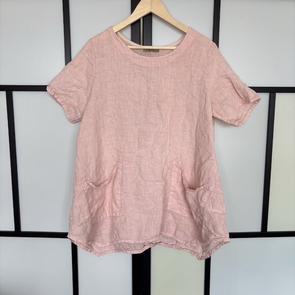 Beyond Capri 100% Linen Italy Lagenlook Shirt Peach Pink Lagom Coastal ONE SIZE - Picture 1 of 14